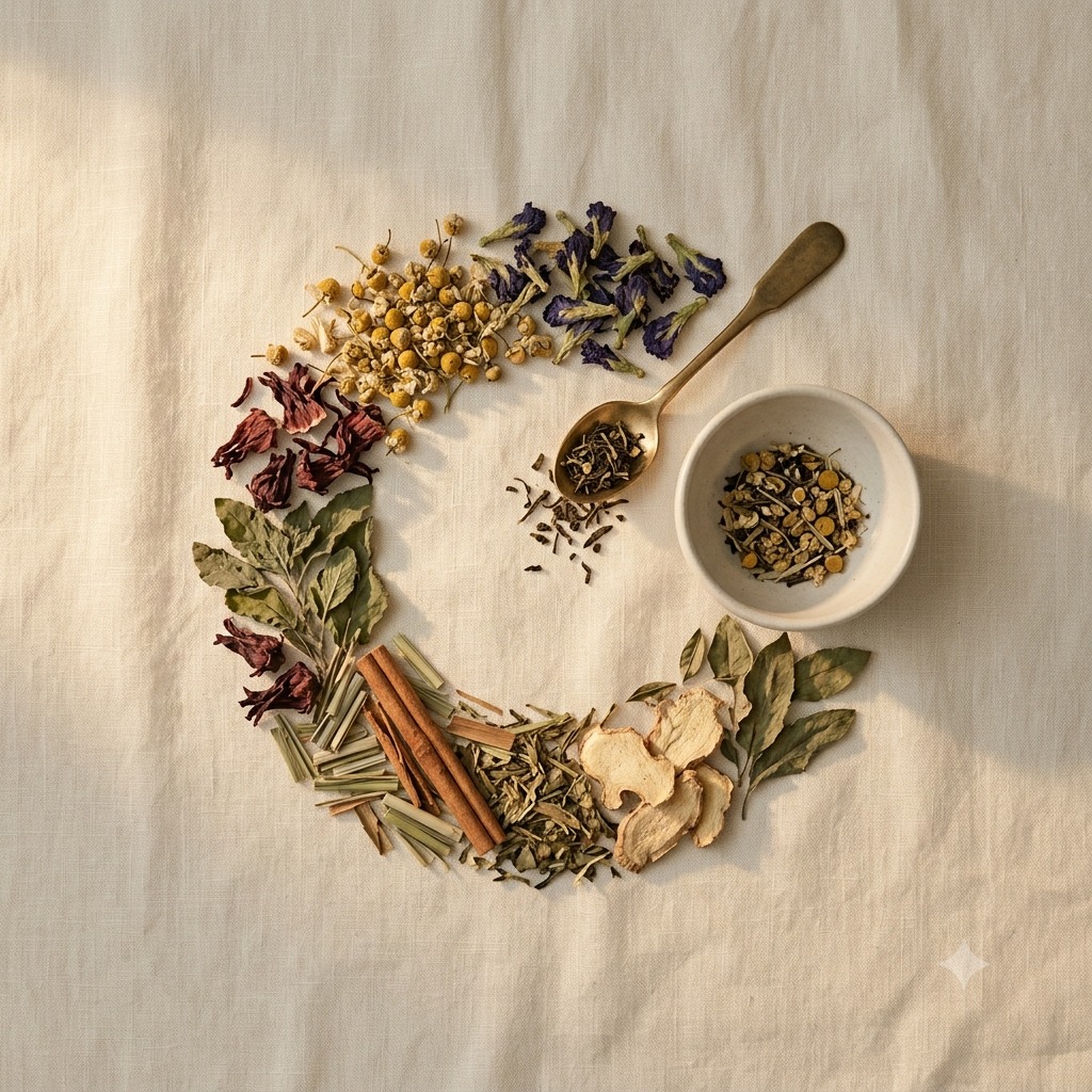Premium herbal tea ingredients for Saanjh botanical blends